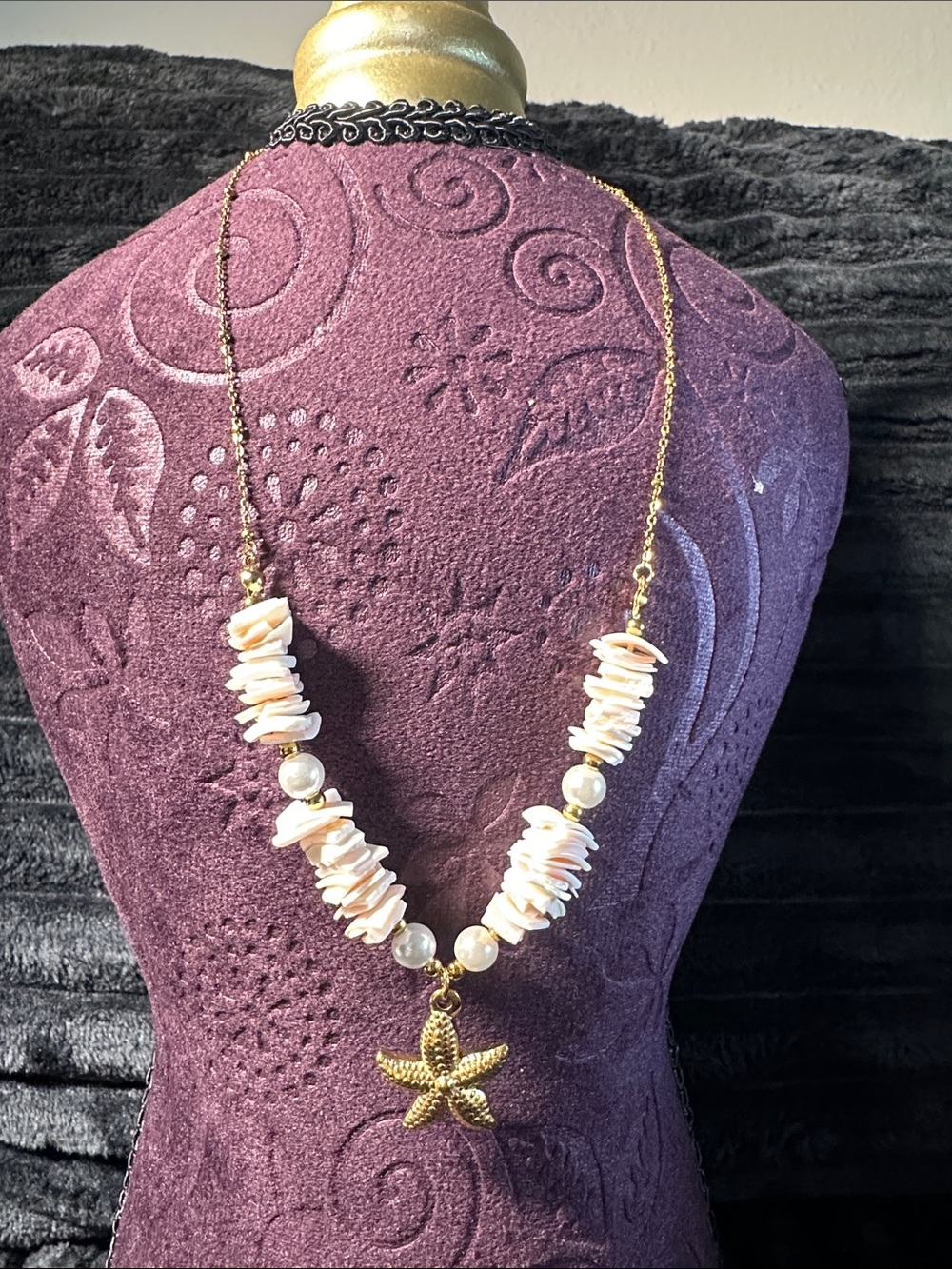 Kenneth Jay Lane Gold Starfish Necklace with Pale Pink Shell Beads